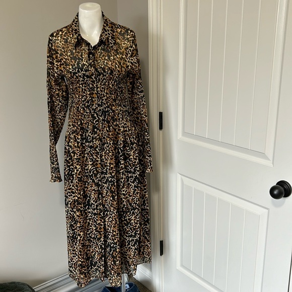 & OTHER STORIES Smocked Button Up Midi Dress Leopard Print Lined Sz 8 - Picture 4 of 14